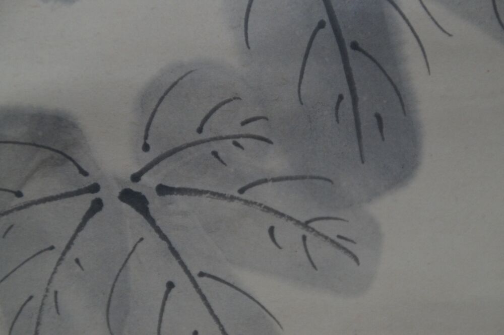 Close-up of the finely washed foliage in the Kakemono Hibiscus Blossoms and Grasshopper