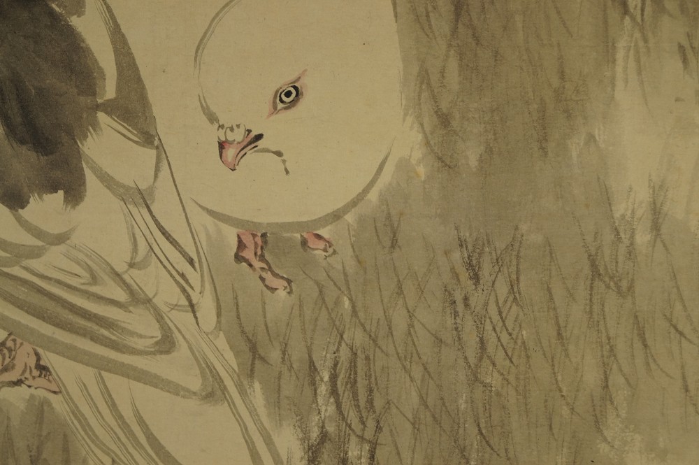 Doves in the Grass kakemono feeding dove motif close-up