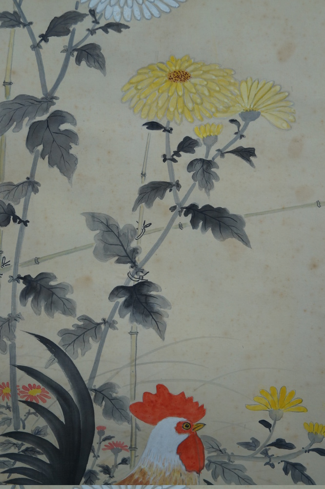 Huehner und Chrysanthemen Chrysanthemen-Motiv Nahaufnahme 2