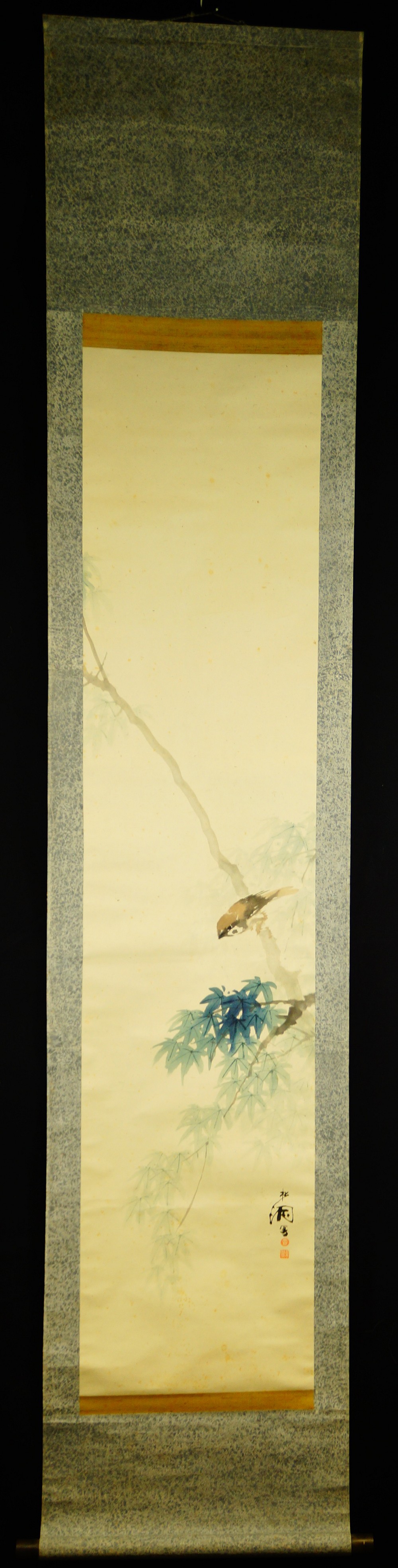 Sparrow on Bamboo Branches Kakemono by Matsuura Shodo Full View Hanging Scroll
