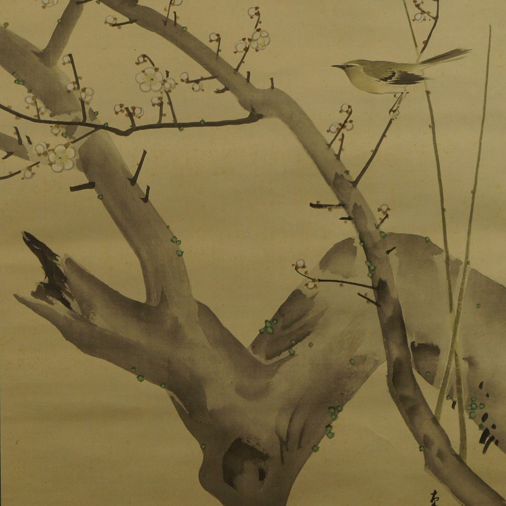 Spatz und Pflaumenblüten - Japanisches Rollbild (Kakejiku, Kakemono)