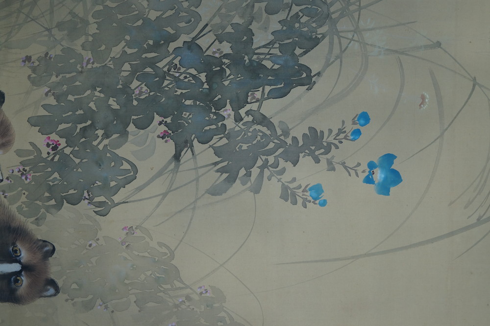 Two Raccoon Dogs and Full Moon Flowering Branch Close-Up