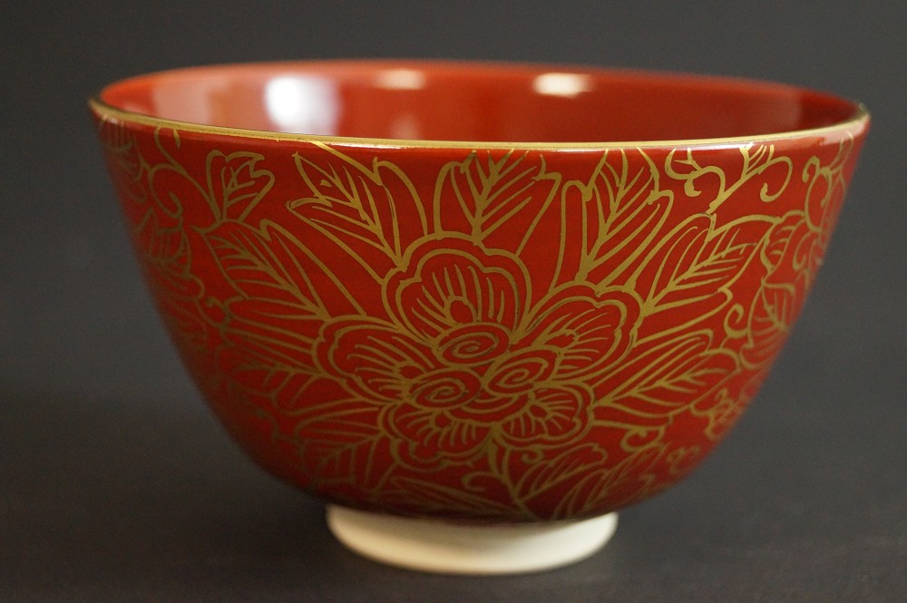 Red Tea Bowl with Golden Peony Motif Side View 1