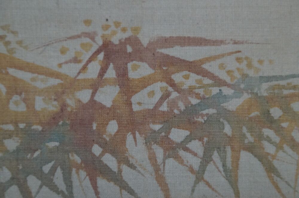 Close-up of the colorful bamboo leaves at the lower edge of the kakemono Cranes in Flight over Bamboo