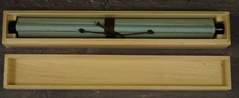Rolled Up Hanging Scroll in Open Wooden Box with Cord Kakemono in Storage Box