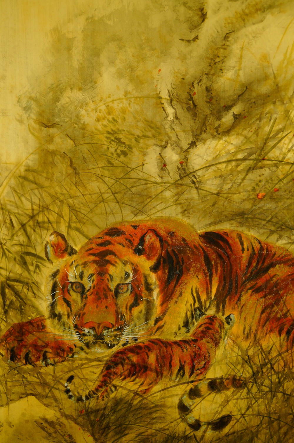 Tiger and Cub Hanging Scroll by Tamaoki Raiseki Tiger Motif Close-Up