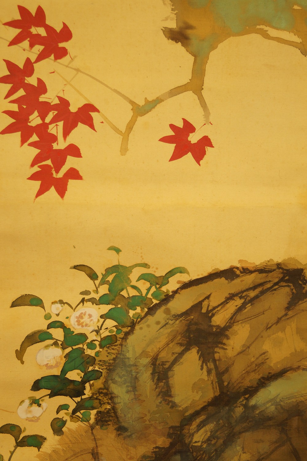 Sparrow on a Maple Branch by Yasuyama Tachiwaki Maple Leaves and Rock Close-Up