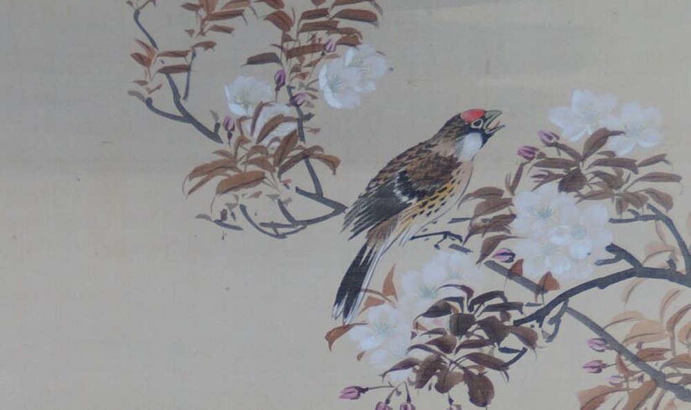 Kakemono by Hirose Hakuen: singing bird in a cherry blossom branch.