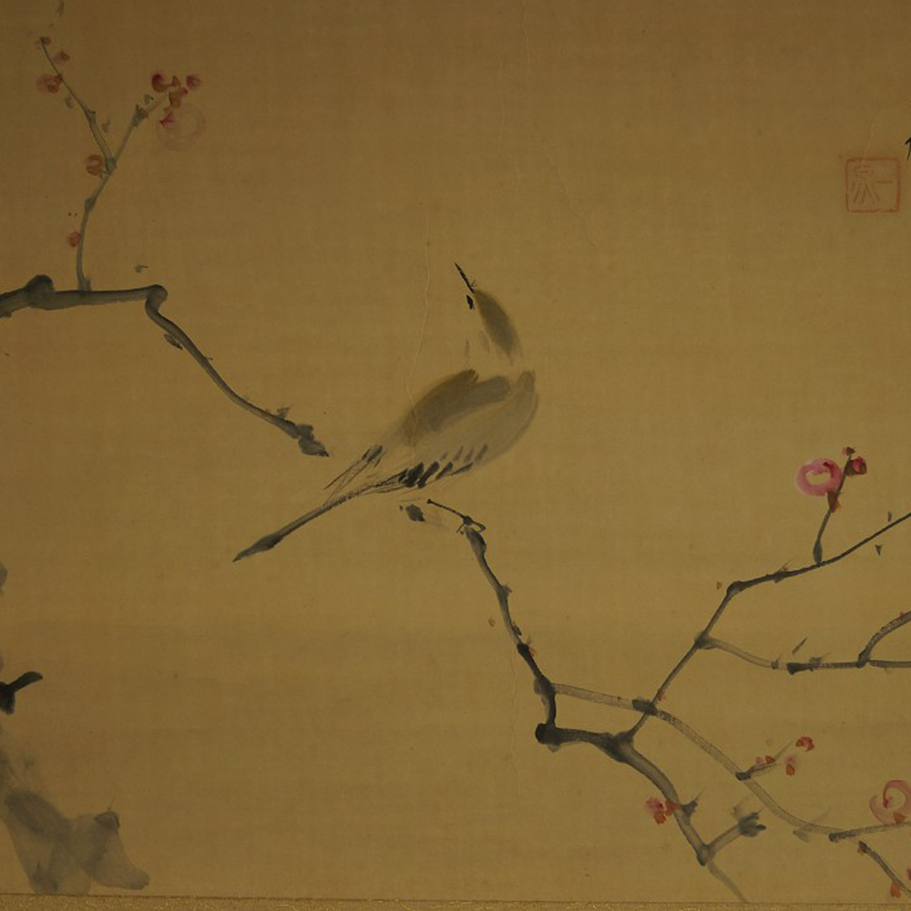 Japanese hanging scroll Bird on Plum Tree Motif Close-Up Preview