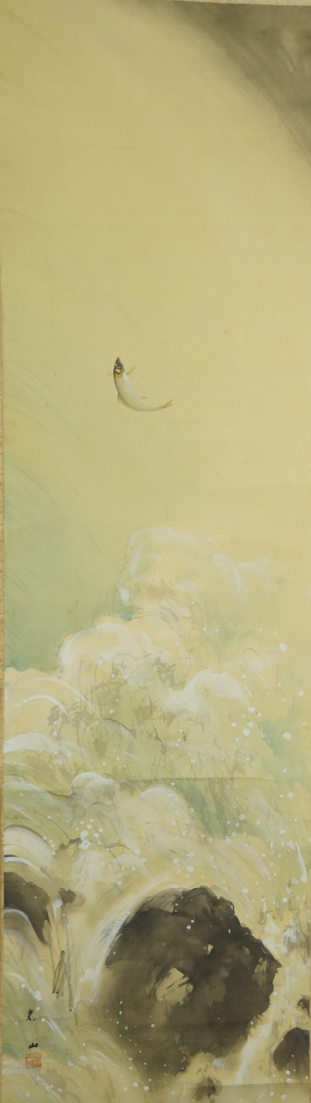 Leaping Fish at the Waterfall by Taizan Tatewaki Full Motif Without Mounting