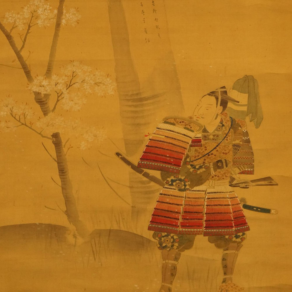 Samurai Krieger unter dem Kirschbaum - japanisches Rollgemälde (Kakejiku, Kakemono)