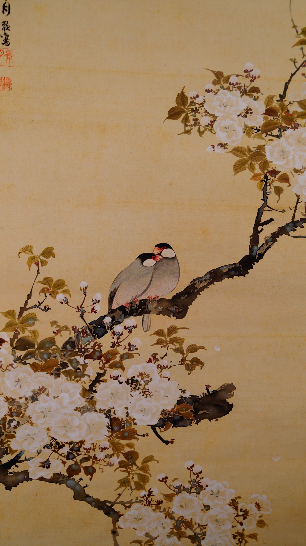 Close-up of the upper section with cherry blossom branch and artist's signature in the hanging scroll Spring Awakening Two Birds on Blooming Cherry Branch