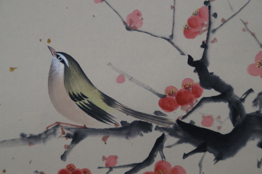 Close-up of the bird on the plum branch in the Kakemono Pale Pink Plum Blossoms in Spring Light