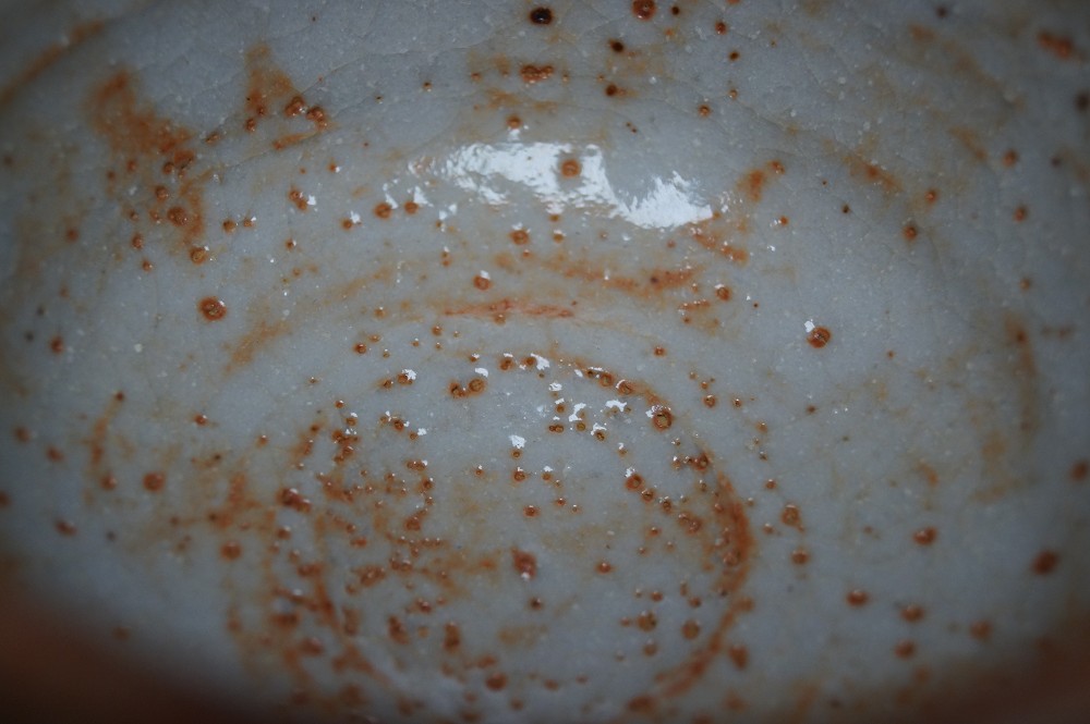Tea Bowl Chawan Made of Shino Ware Interior View Close-Up Bottom