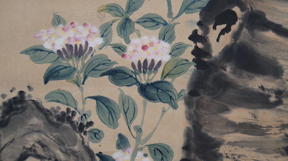 Another close-up of the pink blossoms on the rock in the kakemono Spring Duet on Blossoming Branch