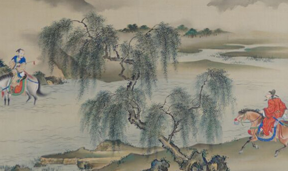 Kakemono von Kō Sūkoku: zwei Reiter begegnen sich am Fluss zwischen Trauerweiden.