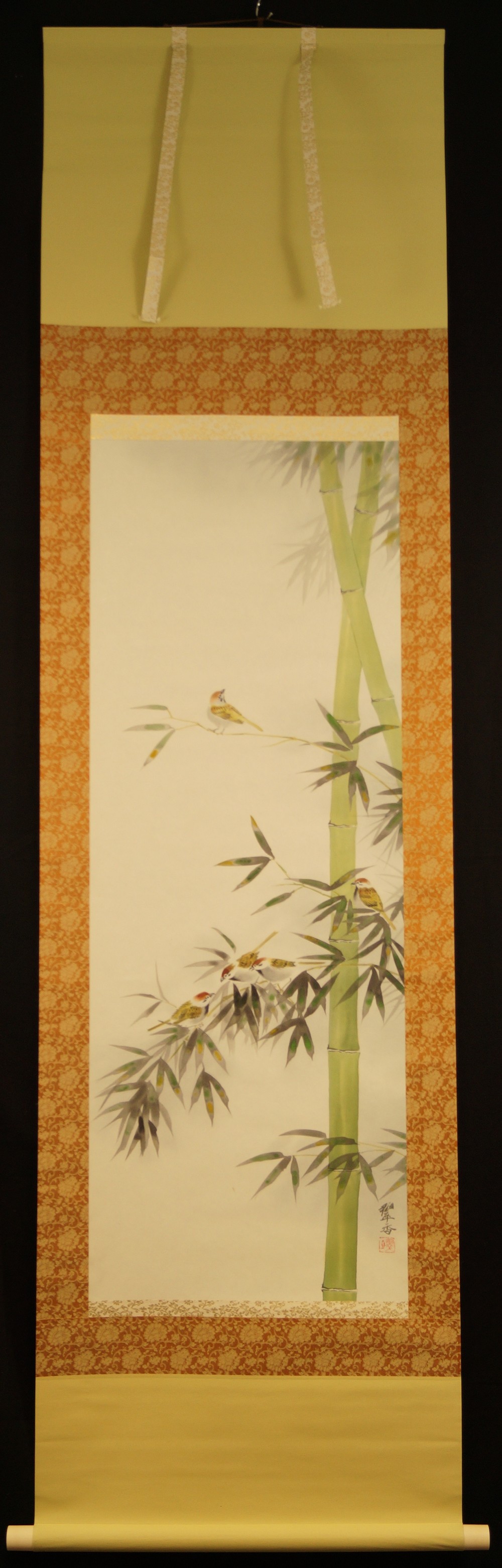 Sparrows on Bamboo Bush Full View Hanging Scroll
