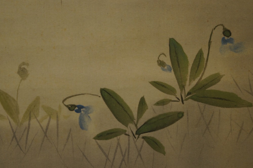 Sparrows on a plum tree branch hanging scroll meadow flowers close-up