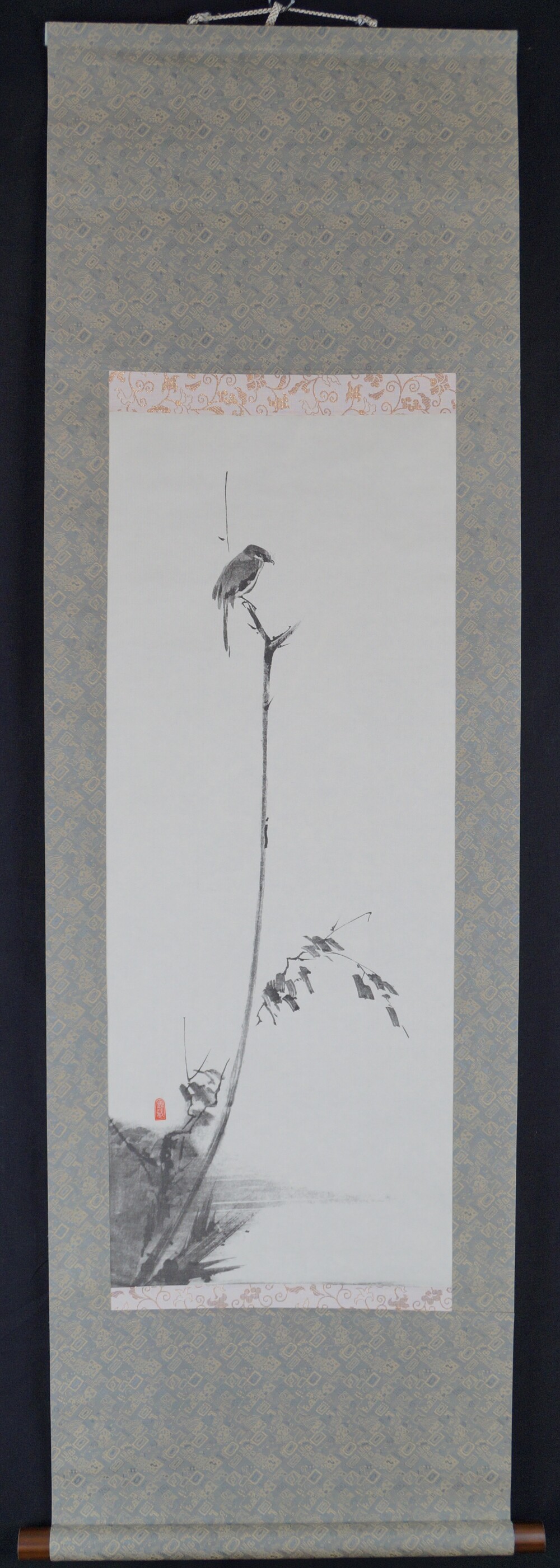 Shrike Scroll of the Triptych After Miyamoto Musashi in Full View with Bird on Tall Reed Stalk at the Shore and Gray-Gold Brocade Mounting