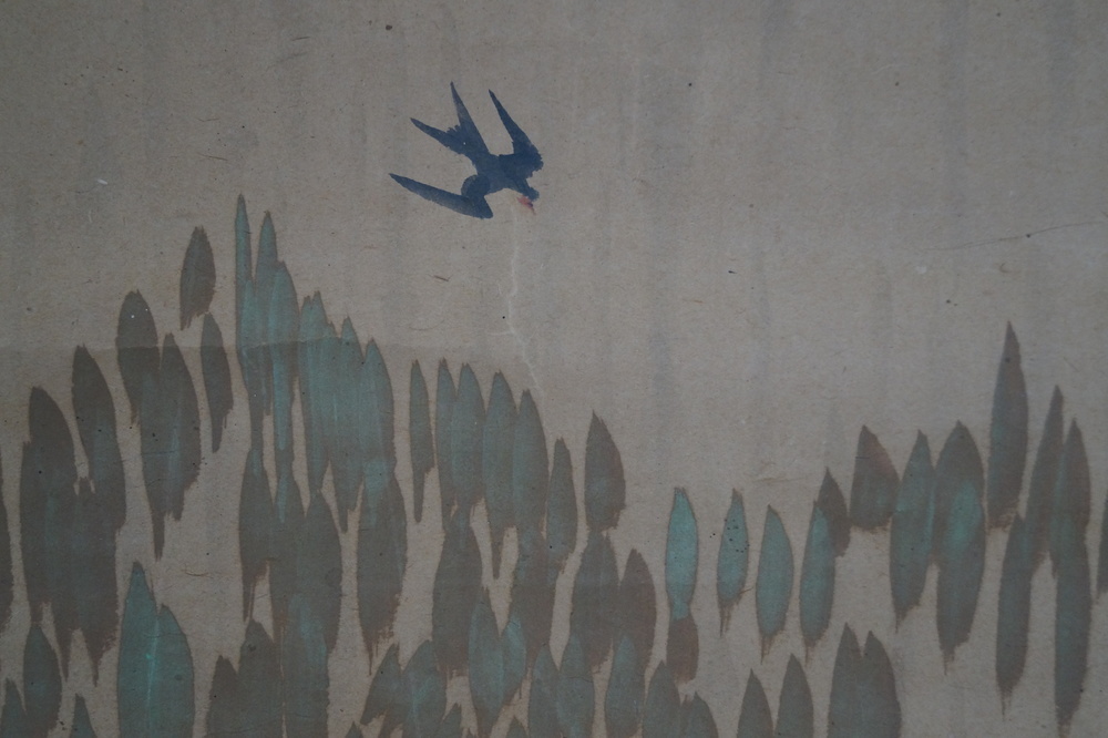 Traveler in the Rain Hanging Scroll Swallow Motif Close-Up