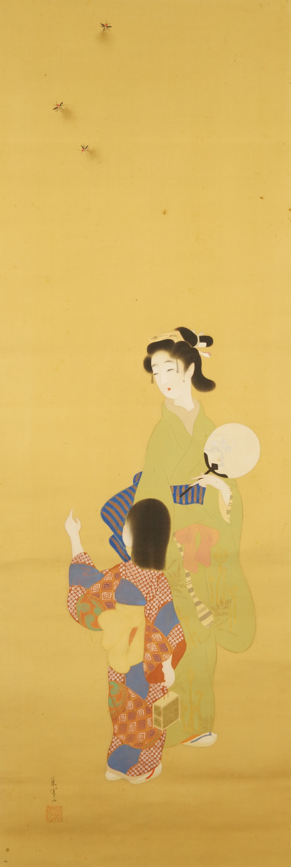 Painted motif of mother and daughter with fireflies, without mounting