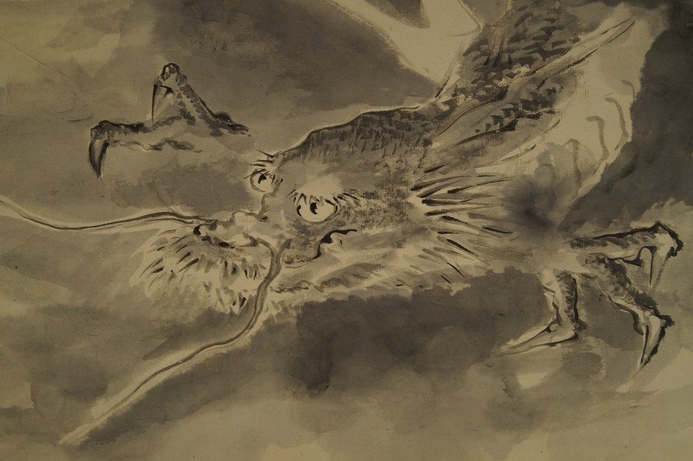Dragon head and claws in the mist motif close-up