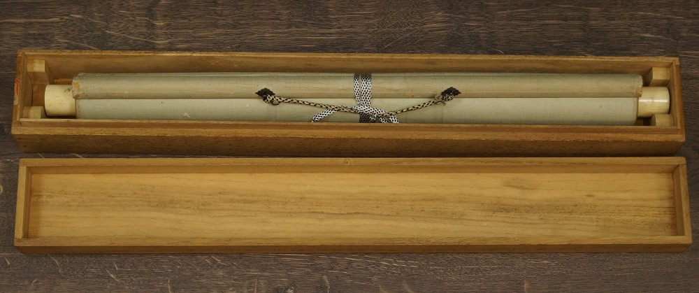 Japanese hanging scroll Zen monk rolled up in storage box