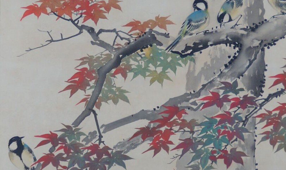 Kakemono by Imai Keiju: birds in autumn-colored maple, in color on silk.