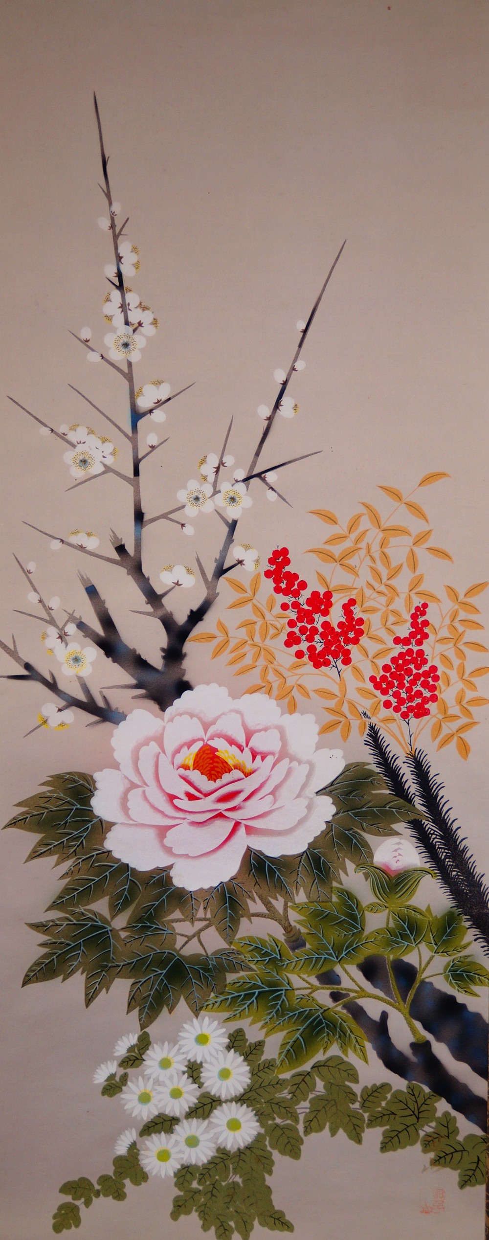 Full motif without mounting with plum blossom, peony and chrysanthemums by Nishioka Seizan