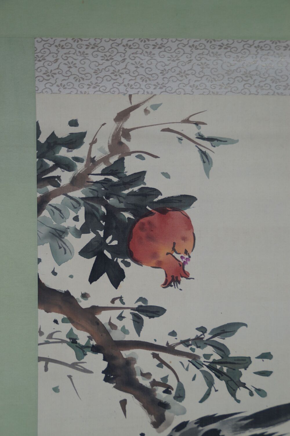 Additional view of the full motif with pomegranate fruit and upper mounting in the Kakemono Pomegranate Branch and Star, without framing