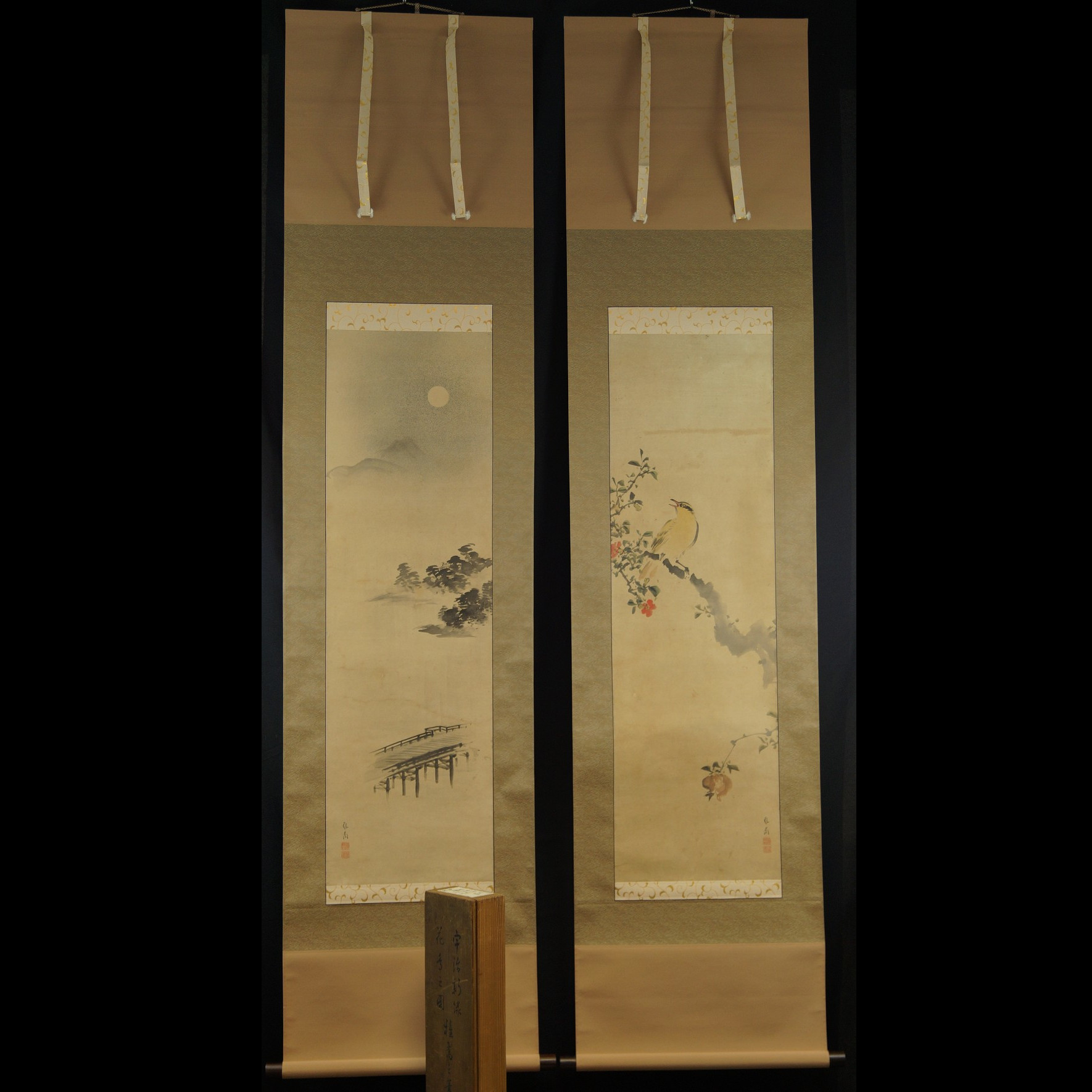 Japanisches Rollbild Set Vogel und Mondlandschaft Motiv Nahaufnahme Vorschau
