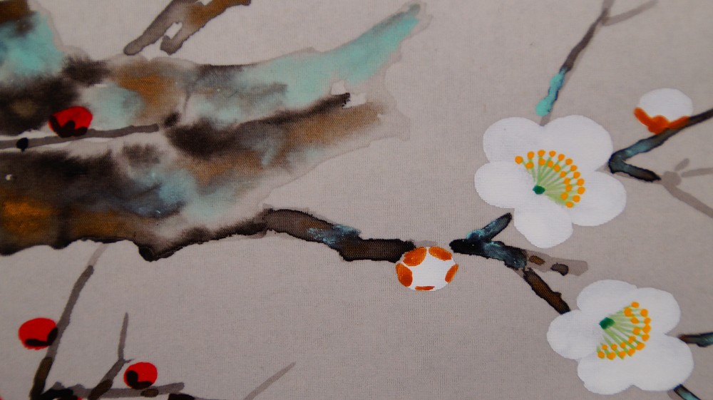 Close-up of the ink-wash painted branches and additional white plum blossoms in the kakemono The Four Noble Plants by Endo Keizo