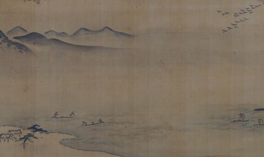 Kakemono von Kanō Zuisen: der Fuji im Morgennebel mit Wildgänsen und Pagode.