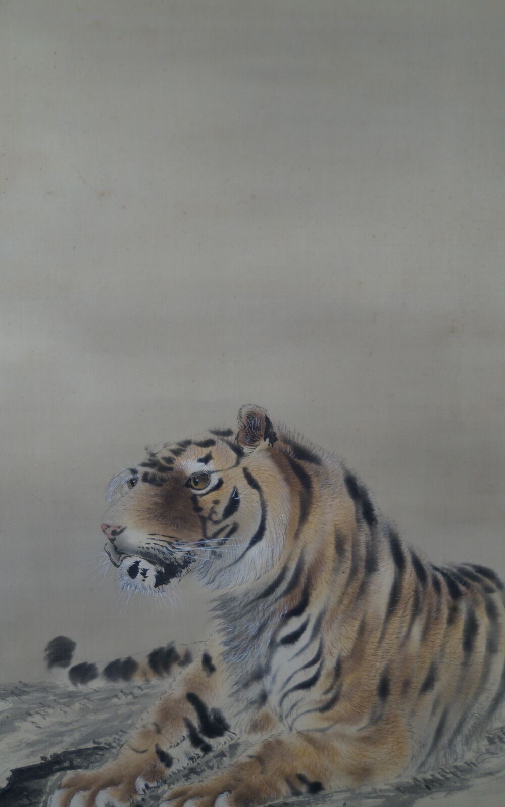 Close-up of the head and upper body of the tiger in the hanging scroll Tiger on Rocks