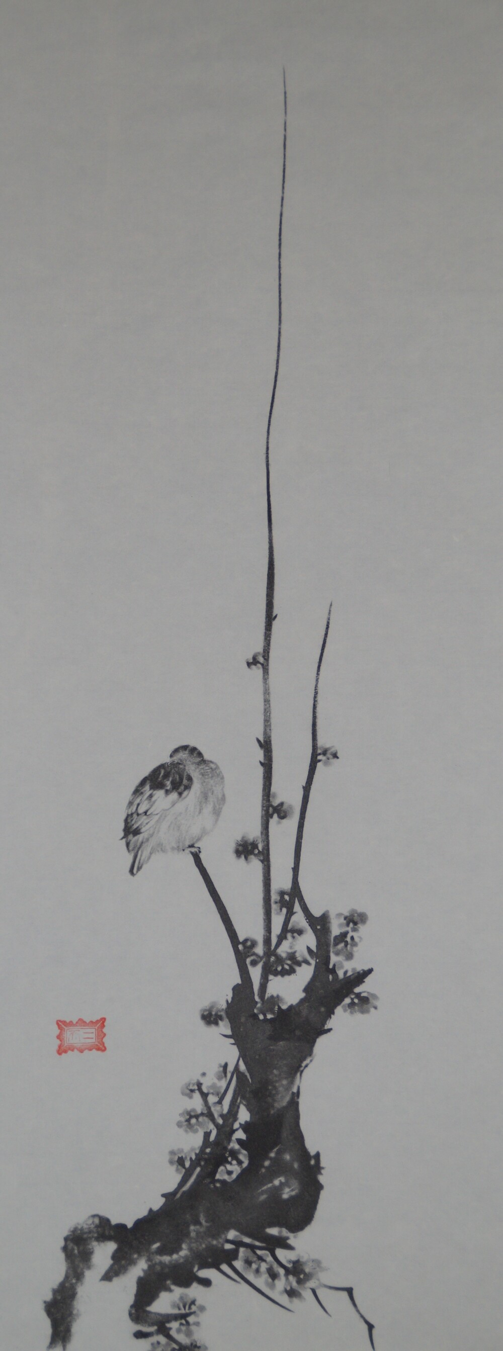 Sparrow on Blossoming Plum Branch in the Sparrow Scroll of the Triptych After Miyamoto Musashi with Red Artist's Seal