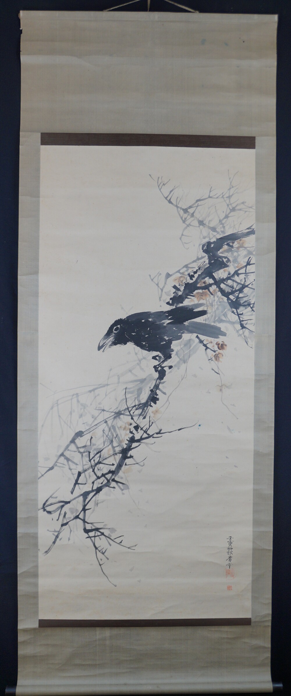Raven on a Bare Branch as a hanging scroll by Watanabe Ando in full view with dark brown border mounting