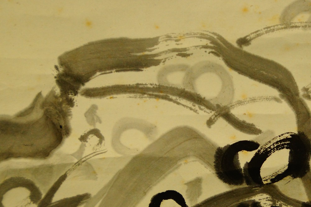 Further close-up of the curved branches with plum blossoms in ink