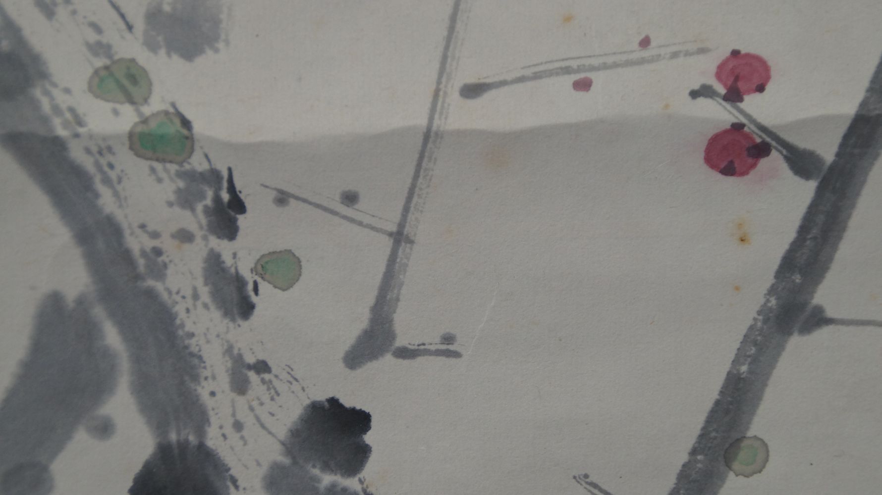 Further close-up of the red plum blossoms on the branches in the kakemono Nightingale on Blossoming Plum Branch