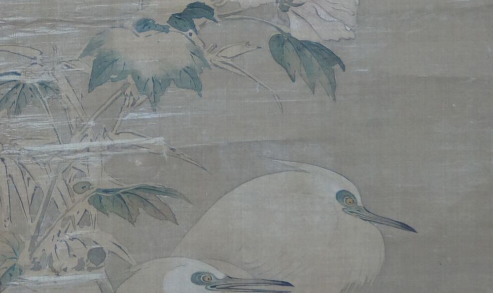 Kakemono by Takaku Ryūko: two herons beneath peonies and bamboo on silk.