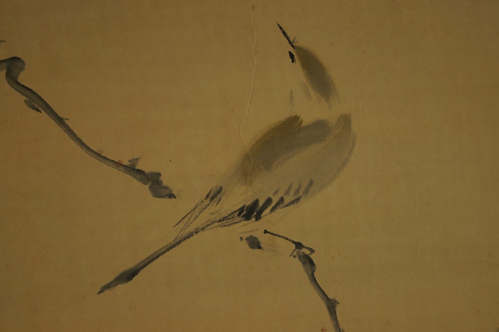 Japanese Hanging Scroll Bird on a Plum Tree Bird Motif Close-Up