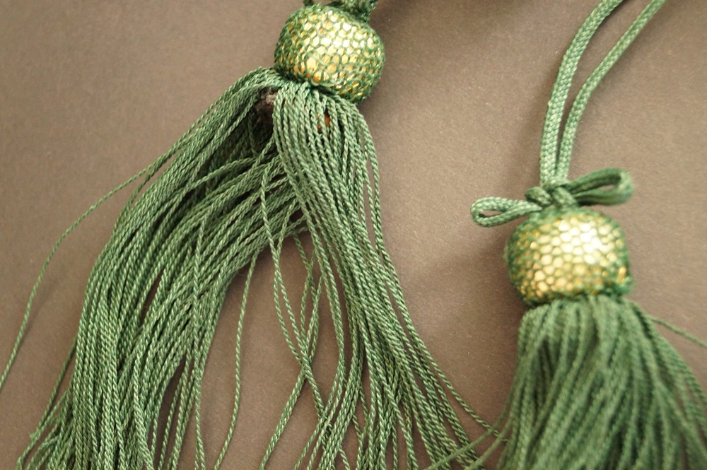 Green Silk Tassels with Gold-Wrapped Pearl Tassel Close-Up 1