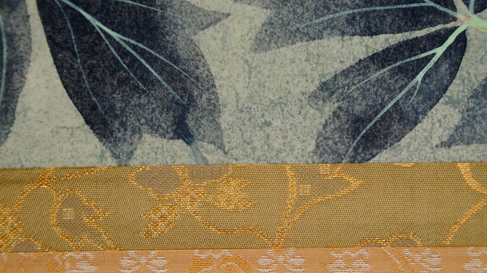 Detail of the Lower Mounting of the Kakemono with Gold Vine Brocade and Peach-Colored Damask