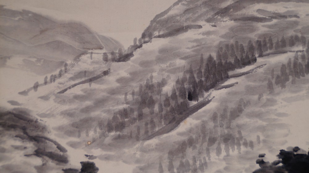 Nahaufnahme der fernen Bergkette und des Nadelwaldstreifens im Nebel der Tuschelandschaft
