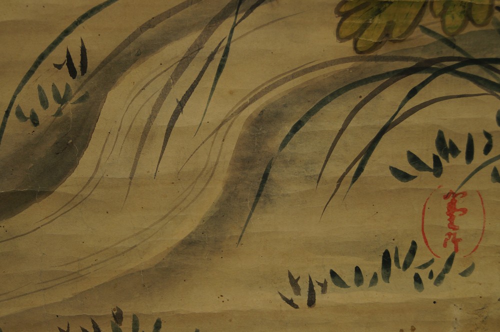 Japanese hanging scroll chrysanthemums seal close-up