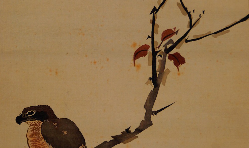 Kakemono by Ikegami Shūho: bird on an autumn-colored branch.