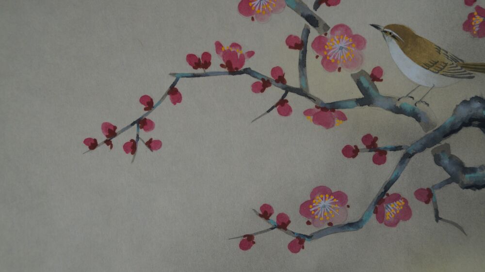 Close-up of the pink plum blossoms in the hanging scroll Songbird on Blooming Plum Tree