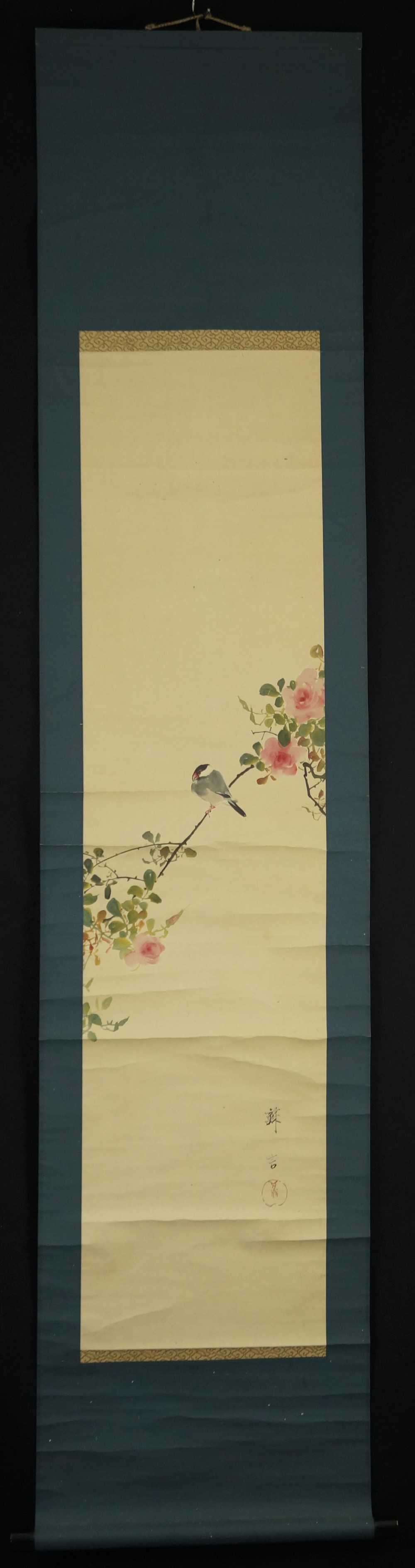 Bird on a Rose Branch Full View Hanging Scroll