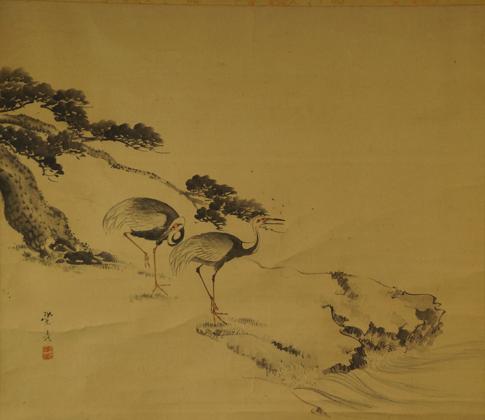 Full motif of the two cranes under pines by the shore without mounting