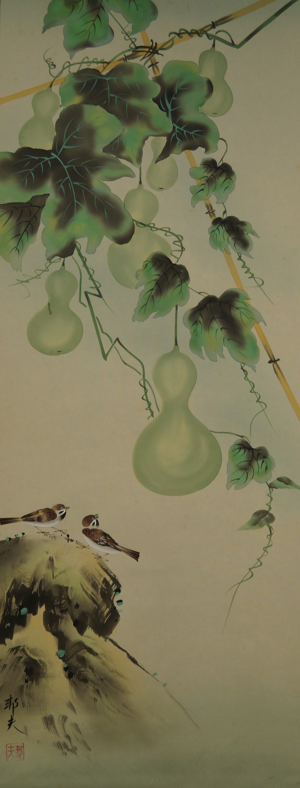 Painted Motif Gourd Vine with Sparrows Without Mounting