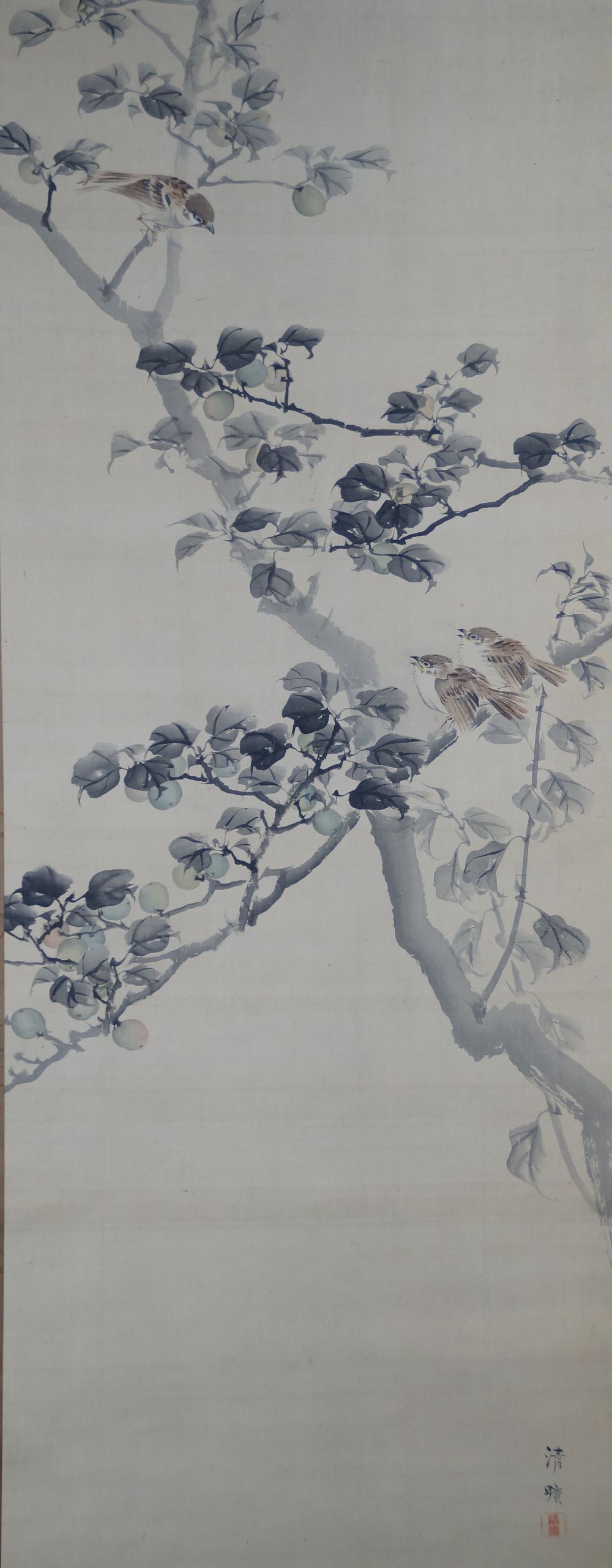 Sparrows on a fruit tree by Okajima Kiyohiro with two groups of sparrows on a fruit-bearing persimmon tree